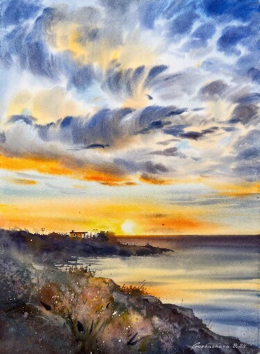 Malarstwo zatytułowany „Sunset in Cyprus” autorstwa Eugenia Gorbacheva, Oryginalna praca, Akwarela