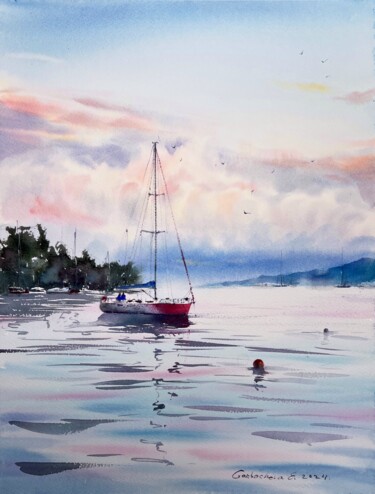 Pittura intitolato "Yacht and Pink Dawn…" da Eugenia Gorbacheva, Opera d'arte originale, Acquarello