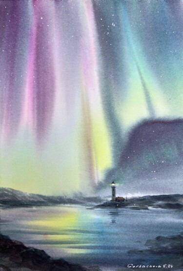 Peinture intitulée "Lighthouse at night" par Eugenia Gorbacheva, Œuvre d'art originale, Aquarelle