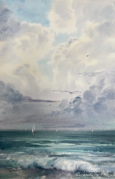 Painting titled "Waves and clouds #2" by Eugenia Gorbacheva, Original Artwork, Watercolor