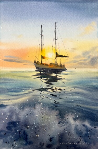 Painting titled "Yacht in the sea at…" by Eugenia Gorbacheva, Original Artwork, Watercolor