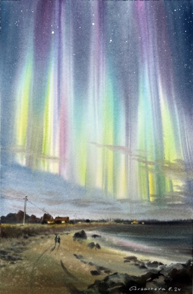 Pintura intitulada "Northern lights #47" por Eugenia Gorbacheva, Obras de arte originais, Aquarela