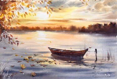 Schilderij getiteld "Autumn Sunset Boat" door Eugenia Gorbacheva, Origineel Kunstwerk, Aquarel