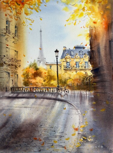 Malarstwo zatytułowany „Autumn in Paris #2” autorstwa Eugenia Gorbacheva, Oryginalna praca, Akwarela