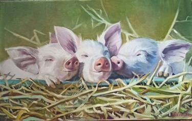 Peinture intitulée "Trois petits cochons" par Eugenie Chervonna, Œuvre d'art originale, Huile