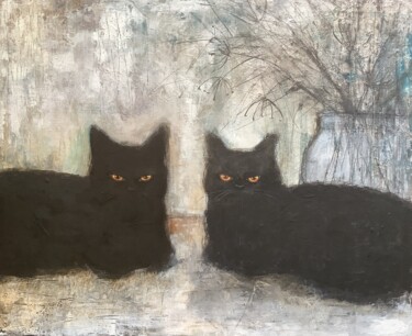 Painting titled "CHATS" by Eva Fialka, Original Artwork, Acrylic Mounted on Wood Stretcher frame