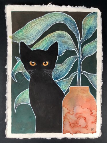 Painting titled "CHAT NOIR 4" by Eva Fialka, Original Artwork, Watercolor