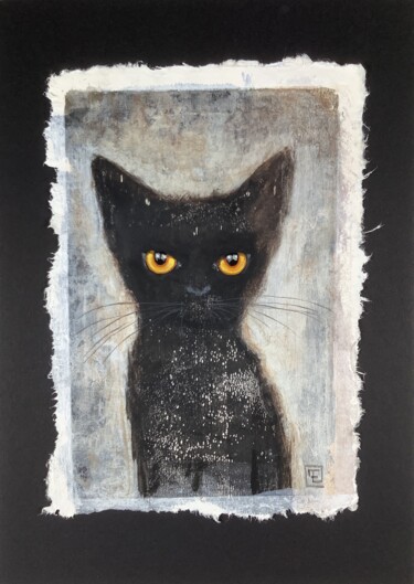 Malerei mit dem Titel "CHAT NOIR ABSTRAIT" von Eva Fialka, Original-Kunstwerk, Acryl