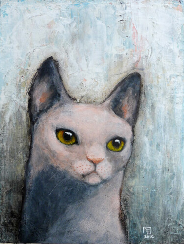 Peinture intitulée "PINK CAT - SOLD" par Eva Fialka, Œuvre d'art originale, Acrylique