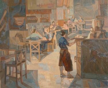 Painting titled "Breakfast at the ca…" by Eva Gets, Original Artwork, Oil Mounted on Wood Stretcher frame