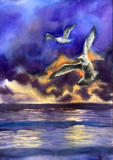 Painting titled "Seagulls and Odesa'…" by Eva Isachkina, Original Artwork, Watercolor