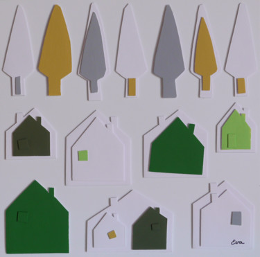 Collages intitolato "Le petit village (5)" da Eva Rouwens, Opera d'arte originale
