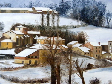 Картина под названием "un village en chare…" - Evelyne Deuil, Подлинное произведение искусства, Масло Установлен на Деревянн…