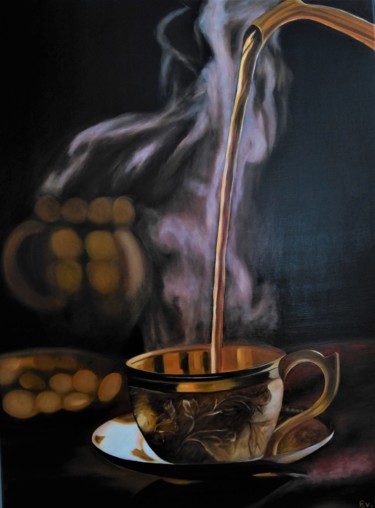 Картина под названием "tasse de thé" - Evelyne Deuil, Подлинное произведение искусства, Масло Установлен на Деревянная рама…