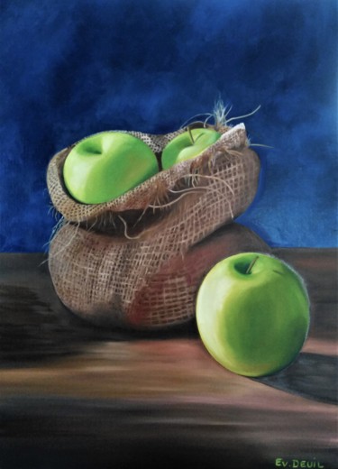 Картина под названием "sac de pommes" - Evelyne Deuil, Подлинное произведение искусства, Масло