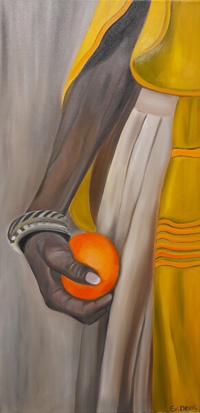 Peinture intitulée "la femme à l'orange" par Evelyne Deuil, Œuvre d'art originale, Huile Monté sur Châssis en bois