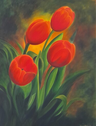 Painting titled "d'autres tulipes" by Evelyne Deuil, Original Artwork, Oil