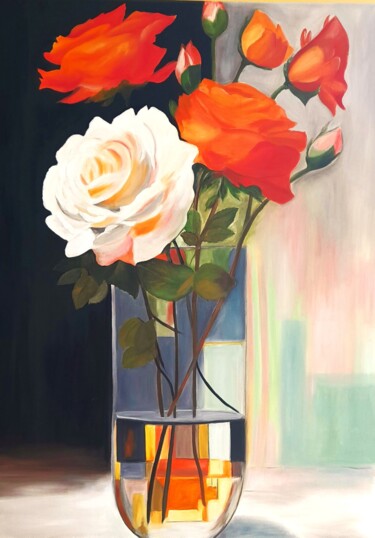 「Roses」というタイトルの絵画 Evelyne Deuilによって, オリジナルのアートワーク, オイル ウッドストレッチャーフレームにマウント
