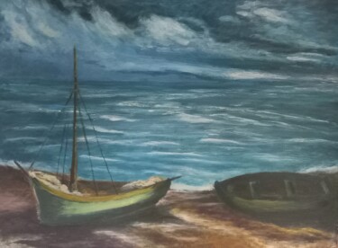 Pintura intitulada "Barques à marée bas…" por Evelyne Muller, Obras de arte originais, Acrílico Montado em Armação em madeira