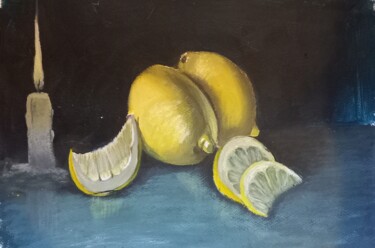 Pittura intitolato "Citrons à la lumièr…" da Evelyne Muller, Opera d'arte originale, Acrilico