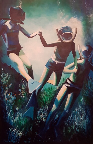Pittura intitolato "Le Club Cousteau" da Evelyne Sie, Opera d'arte originale, Olio Montato su Telaio per barella in legno