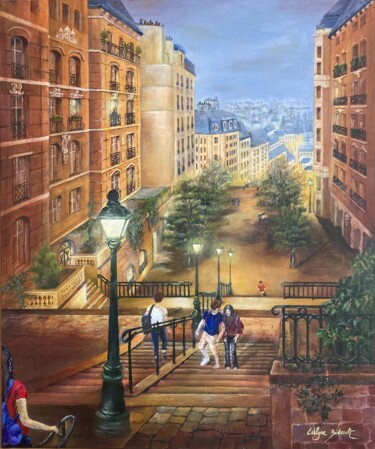 「Quartier des noctam…」というタイトルの絵画 Evelyne Bidaultによって, オリジナルのアートワーク, アクリル ウッドストレッチャーフレームにマウント