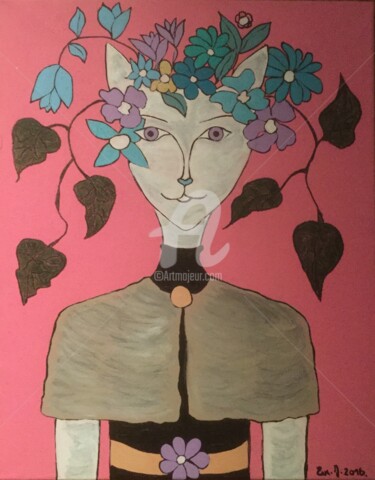 Schilderij getiteld "Flower Cat" door Eve.J, Origineel Kunstwerk, Acryl