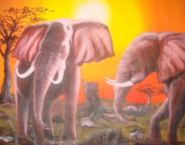 Painting titled "SUN SET-ELEPHANT" by Mayor, Original Artwork