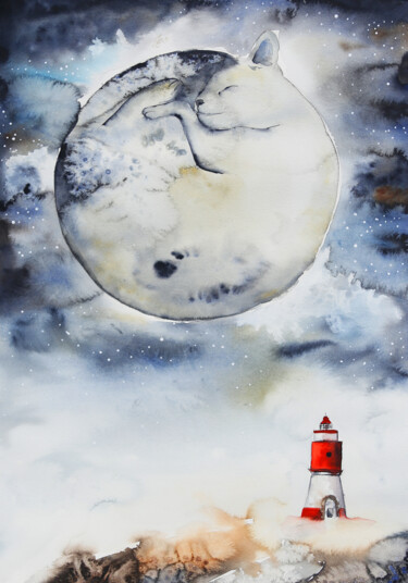 Peinture intitulée "Il Gatto è laLuna" par Evgenia Smirnova, Œuvre d'art originale, Aquarelle