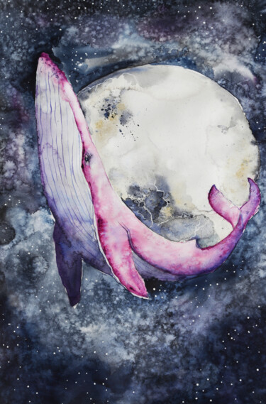 Pittura intitolato "La Balena Rosa" da Evgenia Smirnova, Opera d'arte originale, Acquarello