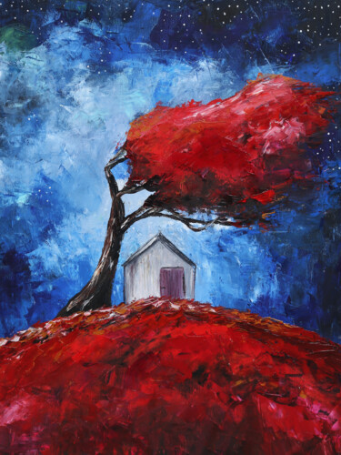 Painting titled "Sotto albero rosso" by Evgenia Smirnova, Original Artwork, Oil Mounted on Wood Stretcher frame