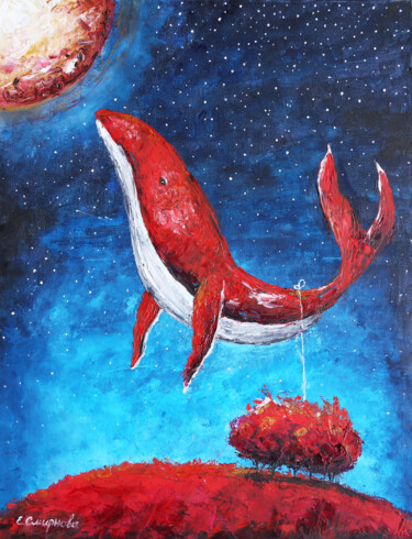 Pittura intitolato "La balena rossa" da Evgenia Smirnova, Opera d'arte originale, Olio Montato su Telaio per barella in legno