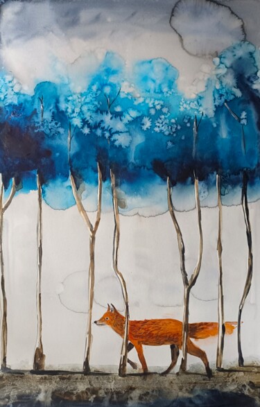 Pittura intitolato "La volpe nella fore…" da Evgenia Smirnova, Opera d'arte originale, Acquarello
