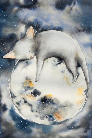 Malerei mit dem Titel "Dormire sulla Luna" von Evgenia Smirnova, Original-Kunstwerk, Aquarell