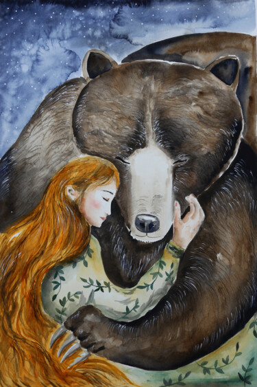 Pintura titulada "Abbracciando un orso" por Evgenia Smirnova, Obra de arte original, Acuarela