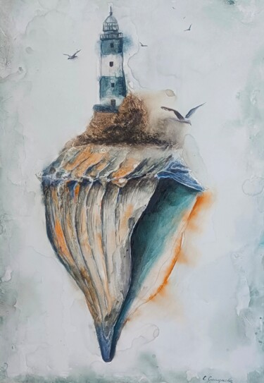 Painting titled "Cuore Del Oceano 2" by Evgenia Smirnova, Original Artwork, Watercolor Mounted on Wood Stretcher frame