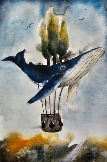 Ζωγραφική με τίτλο "La balena con i cip…" από Evgenia Smirnova, Αυθεντικά έργα τέχνης, Ακουαρέλα
