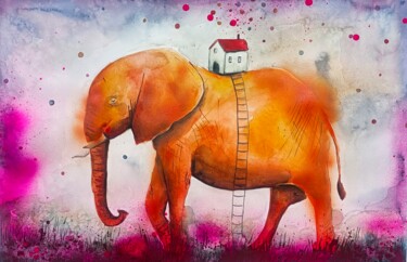 Painting titled "Elephante arancione" by Evgenia Smirnova, Original Artwork, Watercolor