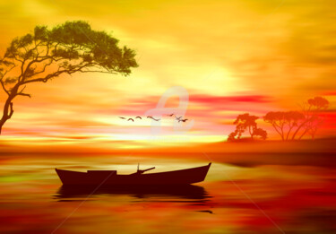 Digital Arts titled "Landscape in orange…" by Ievgeniia Bidiuk, Original Artwork, Digital Painting