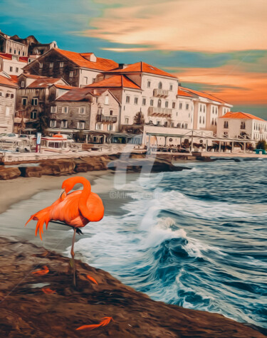 Цифровое искусство под названием "Flamingos on the se…" - Ievgeniia Bidiuk, Подлинное произведение искусства, Цифровая живоп…