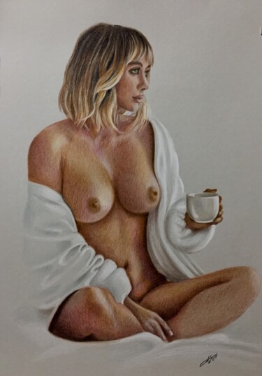 Dibujo titulada "Morning coffee" por Evgeniy Karpenko, Obra de arte original, Lápiz