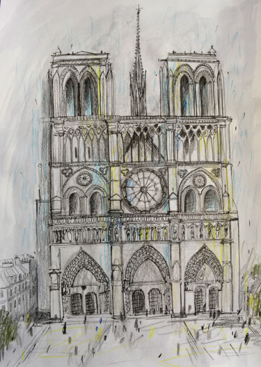 Schilderij getiteld "Notre Dame de Paris" door Evgeniya Ivanov, Origineel Kunstwerk, Potlood