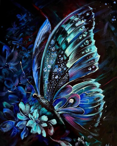 Painting titled "Blue nightfly" by Evgeniya Mastyaeva, Original Artwork, Oil Mounted on Wood Stretcher frame