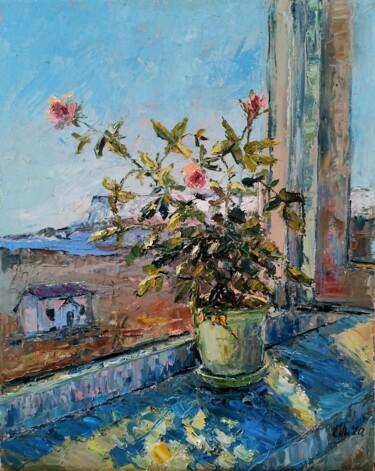 Painting titled "Roses on the window…" by Evgeniya Polyudova, Original Artwork, Oil Mounted on Wood Stretcher frame