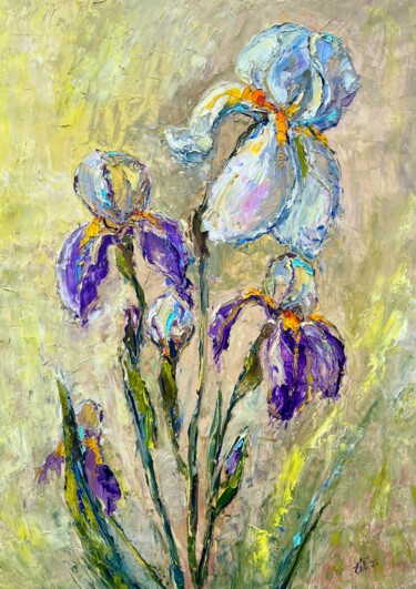 Painting titled "Irises" by Evgeniya Polyudova, Original Artwork, Oil Mounted on Wood Stretcher frame