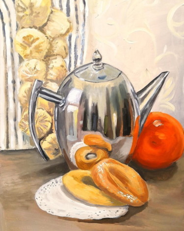 Painting titled "Still life with a t…" by Evgeniya Zragevskaya, Original Artwork, Oil Mounted on Wood Panel