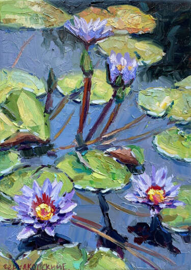 Painting titled "Water lily" by Evgeny Chernyakovsky, Original Artwork, Oil Mounted on Wood Stretcher frame