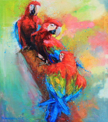 Painting titled "Red parrots" by Evgeny Chernyakovsky, Original Artwork, Oil Mounted on Wood Stretcher frame