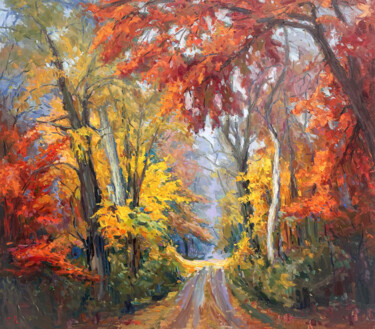 Painting titled "Autumn forest" by Evgeny Chernyakovsky, Original Artwork, Oil Mounted on Wood Stretcher frame