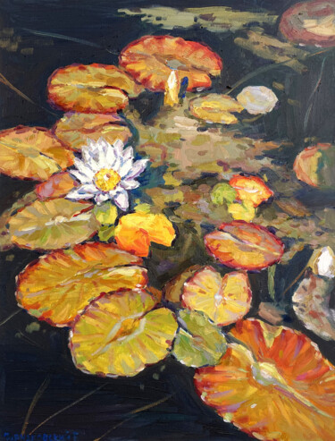 Malerei mit dem Titel "lily Water river" von Evgeny Chernyakovsky, Original-Kunstwerk, Öl Auf Keilrahmen aus Holz montiert